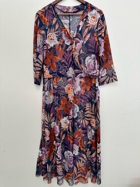 Mlle Gabrielle Floral Wrap Midi Dress in Purple and Rust